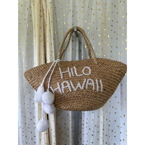 Simply Sisters Hilo Hawaii Straw Basket Canvas Drawstring Lining Tote Bag - Picture 2 of 6